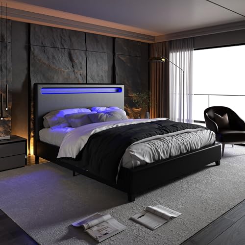 GOWE Estrutura de cama de plataforma estofada de couro sintético Queen Size com iluminação LED, supo