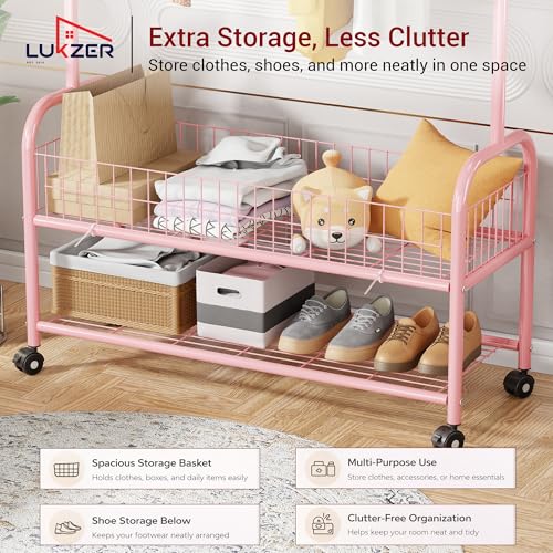 Image of Lukzer | MGR-002 | Pink | Metal Cloth Stand & Garment Rack with Wheels, 2 Bottom Shelves & Single Rod - Space-Saving Clothes Organizer for Bedroom, Laundry, Entryway & More | 173 x 90 x 34 cm