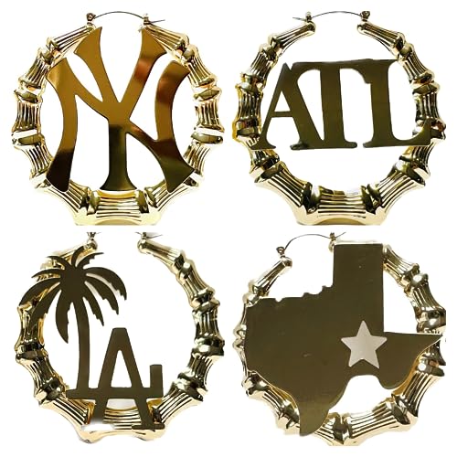 Bamboo Hoop Earrings for Women 14K Gold Plated Los Angeles Texas Atlanta New York Inspired Personalized Hoop Earrings 80s 90s Hip Hop Custom Fashion Party Accessory3