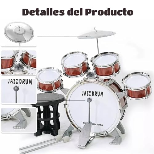Image of FINYQBET Drum Set for Children Ages 3-7, Percussion Kit with 5 Drums, Cymbal, Drumsticks and Stool Educational Musical Toy, Ideal for Motor Development, Perfect Gift (Yellow-Brown)