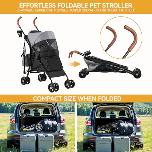 DWVO Hundewagen Hundebuggy für Hunde & Katzen bis 11,3 kg, Faltbar klappbar, Haustiere Buggy mit Kissen, Aufbewahrungskorb, Haustier-Kinderwagen 45x80x103cm, Katzenwagen (Grau Schwarz)