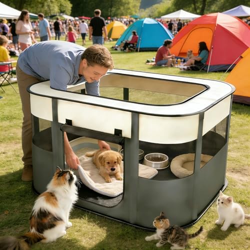 Floving Tragbares Hundehaus, Haustierzaun, 80 x 60 x 55 cm, Faltbarer Haustier-Laufstall, rechteckig, Lieferraum, Katzenhöhle, Katzenhütte, Welpenhaus, Zwinger, geschlossenes Haustierzelt mit (Grau)