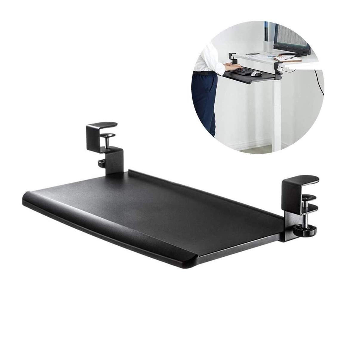 Ergonomic Keyboard Tray Under Desk with Sliding Mouse Tray - Steel Computer Desk Extender Shelf Clip-on Drawer Stand for Workspace Organization