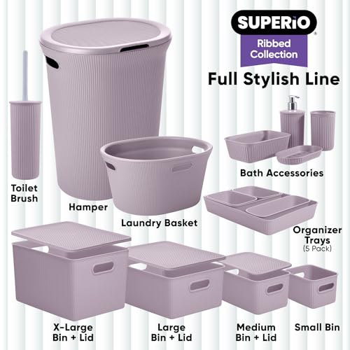 Image of Superio Ribbed Collection Toilet Bowl Brush and Holder Set, Decorative Plastic Bathroom Toilet Brush with Holder, Toilet Cleaner Scrubber, Lilac - 2 Pack