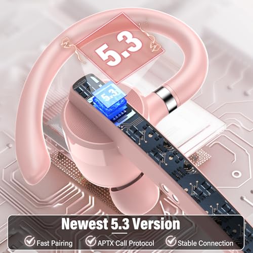 Image of 2026 Bluetooth Headset, Wireless Bluetooth 5.3 Earpiece, 90Hrs Single-Ear Headset with APTX HD Audio & Mute Button, Dual Noise Cancelling Mics, Hands Free Headphone for Trucker, Business, Gym, Pink