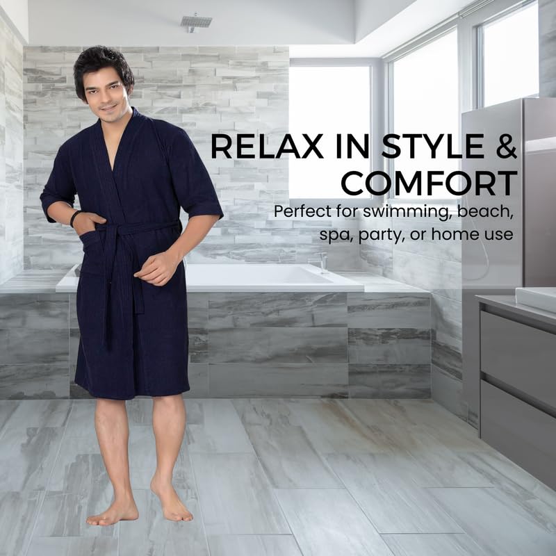 FILMAX® Originals Unisex 100% Cotton Towel Terry Solid Long Sleeve Bath Gown for Swimming, Beach, Party, Spa Bathrobe (FX1-5402_Navy Blue_XXL)