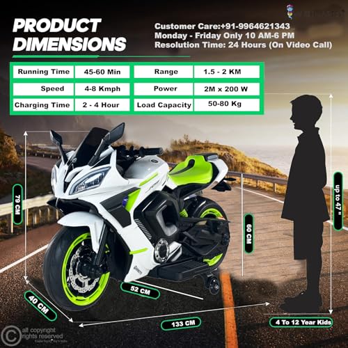 Image of Wishmaster Kids Battery Operated Rechargeable Electric Bike | 2 Seater Motorbike 3, 4, 5, 6, 7, 8, 9, 10, 11, 12 Years Children | Big Ride On Motorcycle (R9 Big Bike (4-12 Years), White)