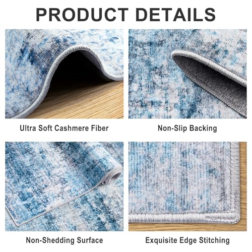 Area Rugs 10x14 Living Room - Washable Rug Modern Abstract Soft Large Neutral Non-Slip Carpet Indoor Floor Thin Carpets for Bedroom Dining Room Farmhouse Nursery Home Office Blue Grey
