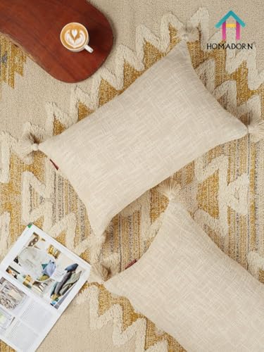 Image of HOMADORN Luxury Cotton Handmade Decorative Boho Throw Pillow Covers with Tassels for Sofa Couch Living Room Indoor Outdoor Chair Car Farmhouse (12X20 INCHES (Rectangle), Off White (Pack of 2))