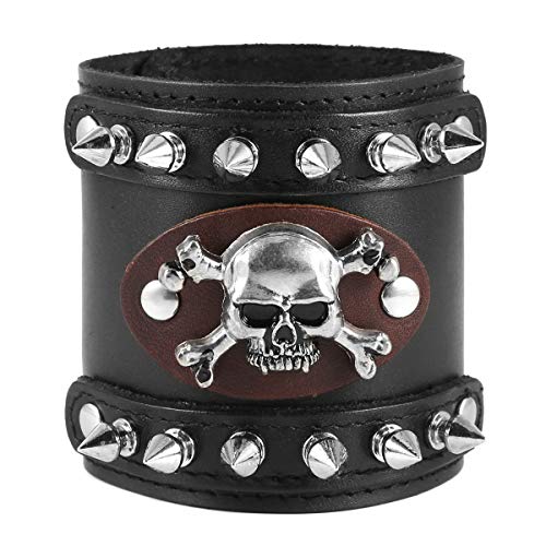 HZMAN Men's Metal Rivet Skull Leather Bracelet Punk Rock Bike Style Wristband Adjustable3