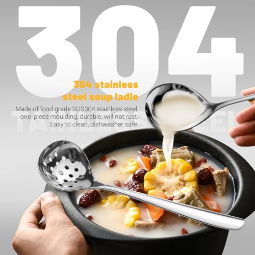 2 padelle piccole e cucchiai scanalati, Heavy Duty 304, in acciaio inox gravy, mini padelle per servire, scolapasta padella con fori, argento, 2Pcs Small Ladle+ Slotted Ladle, Silver - immagine 4