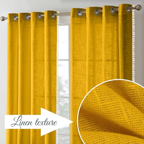 Image of THE LINEN COMPANY Cotton Sheer Grommet Curtains with Side Border Pompom Sheer Curtain for Window Linen Textured, Light Filtering, Pack of 2 (Mustard, 6 Feet)