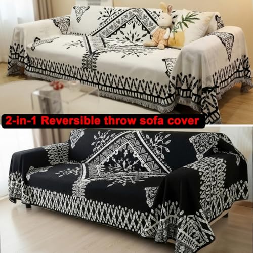 Image of The Furnishing Tree Reversible Double Sided Chenille Throw Sofa Cover, Anti-Slip Couch Cover, Comfy Sofa Towel for All Seasons, 3 Seater, Bohemian-style geometric and floral black & cream