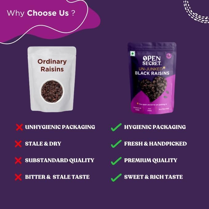 Image of Open Secret Black Raisins | 450Gm | Dry Fruits, Kismis, Kishmish, Dry Grapes, Premium Raisins, 100% Natural & Gluten-Free, Dried Kishmish Without Seeds, Rich In Fiber Iron Calcium (Pack of 2)