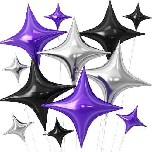 Image of Black Purple Silver Star Balloons,12Pcs Four Angle Star Foil Balloons
