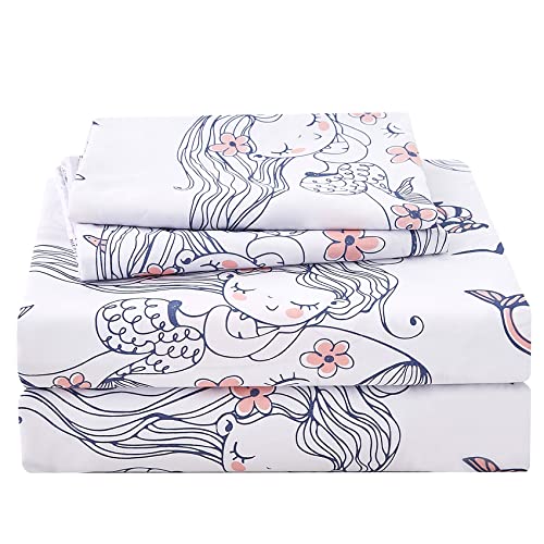 JSD Mermaid Girls Sheet Set Twin Size 3 Piece Ocean Theme Microfiber Kids Bed Sheets Deep Pocket