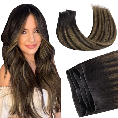 Image of GOO GOO Genius Weft Hair Extensions Human Hair, Sew In Hair Extensions Rooted Remy Weft, 2 /6 /2 Balayage Dark Brown to Chestnut Brown 18inch 100g, Hand Tied Weft Hair Extensions