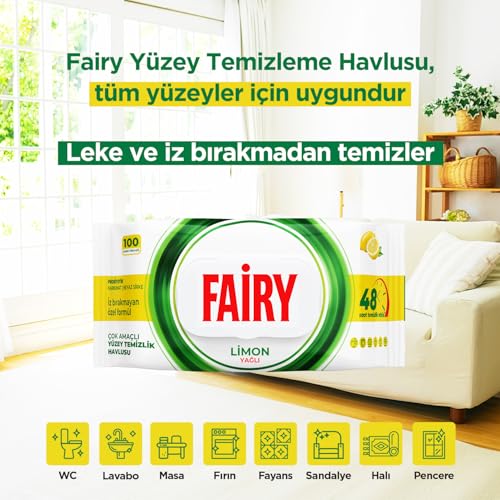 Fairy Çok Amaçlı Yüzey Temizlik Havlusu 100 Yaprak | Limon Yağlı | Beyaz Sirke & Karbonat | 48 Saat Temizlik Etkili | İz Bırakmayan Formül