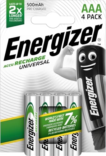 Energizer Recharge Universal - Pila Recargable AAA (Paquette de 4) Batería 500 mAh NiMH - precargada - para dispositivos uso frecuente y cientos de recargas - Embalaje 100 % reciclable y sin plástico
