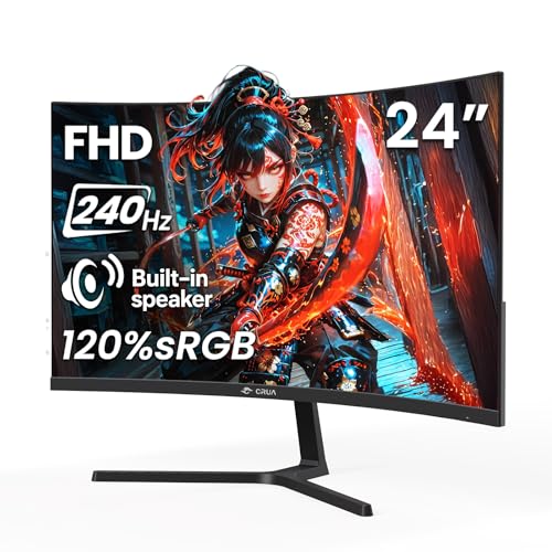 Image of CRUA 24 inch 240Hz Gaming Monitor, Curved FHD 1920 x 1080P, Built-in Speakers, Support 120% sRGB, AMD FreeSync, Low Motion Blur, Wall Mount Installs Compatible, for Office and Games(HDMI 2.0&DP 1.4)-Black