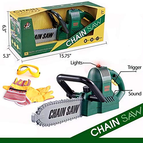 Liberty Imports Kids Electric Chainsaw Toy Tool Pretend Play Set with Safety Goggles, Work Gloves | Rotating Chain and Realistic Sound Effects