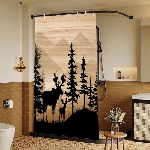 Rustic Cabin Shower Curtain, Farmhouse Country Forest Hunting Moose Shower Curtain Vintage Wood Shower Curtain，Hunting Camper Shower Curtain Set with Hooks, 47X64 inch, Moose