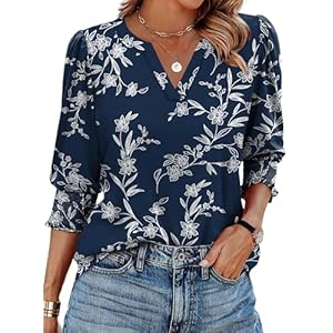 XIEERDUO Blouses for Women Dressy Casual 3/4 Length Sleeve Womens Tops V Neck T Shirts with Smocked Cuffs