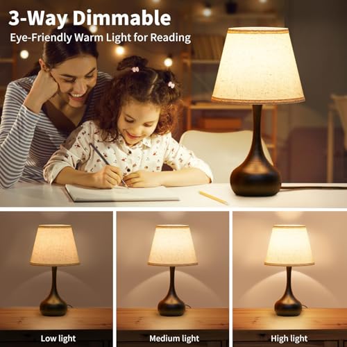 ONEWISH Set of 2 Dimmable Bedside Lamps with Fabric Shade for Reading and Home Use