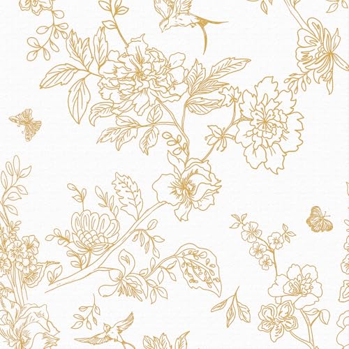 LZH LP Papel Tapiz Autoadhesivo Dorado y Blanco, 44x300CM Flores Pájaros Hojas Florales Doradas Plantas Papel Tapiz Autoadhesivo para Muebles Calcomanía de pared