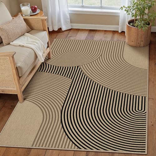 PureCozy 4x6 Checkered Easy Jute Area Rug for Living Room Checkerboard Washable Indoor Outdoor Carpet Farmhouse Patio Office Mat Textured Diamond Non Slip Black Carpet for Dorm Backyard Dini