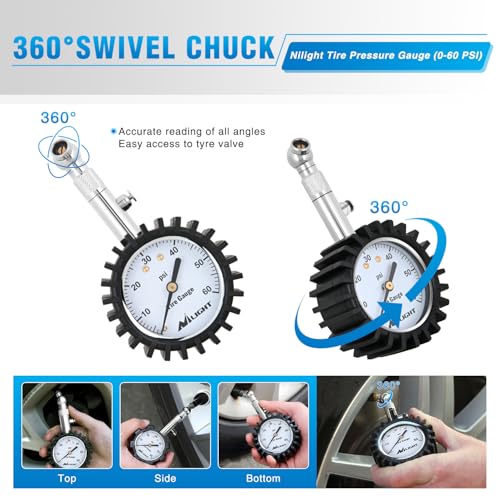 Image of Nilight Tire Pressure Gauge 60PSI Heavy Duty Stainless Steel Air Chucks ANSI B40.1 Certified Large 2 inch Dial Wheel Service Checker for Truck Semi Truck ATV Motorhome Cars & RV Accessories