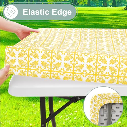 Image of misaya Picnic Table Cover with Bench Cover, Waterproof Elastic Fitted Tablecloth for 8 Foot Tables, Rectangle Washable Polyester Tablecloths for Picnic, Camping, Outdoor (Yellow, 30 inch x 96 inch)
