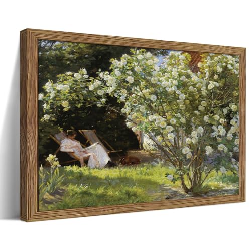 Framed Vintage Garden Cottage Wall Art, Woman in the Garden Canvas Prints, White Roses Landscape Picture Paintings, Retro Rustic Floral Wall Decor for Living Room Bedroom – 16x24in