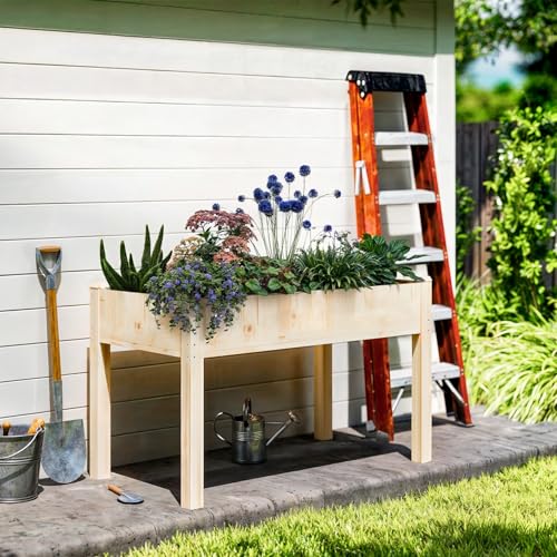 Image of DUMOS Raised Garden Bed with Legs, 48x24x30in Wood Elevated Planter Box w /Bed Liner for Herbs Flowers Vegetables, 300lbs Capacity Outdoor Gardening Planters for Patio Balcony Backyard, Natural Wood