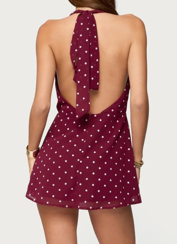 Image of Women Halter Low Neck Mini Dress Sexy Cutout Sleeveless Boho Short Dresses Open Back Night Party Going Out Sundress