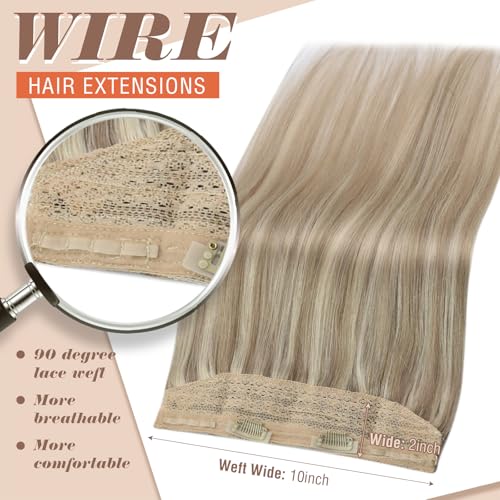 Sunny Wire Hair Extensions Real Human Hair Fish Line Human Hair Extensions Invisible Wire Extensions Golden Blonde with Medium Blonde Highlights #16/22 18 Inch - Image 4