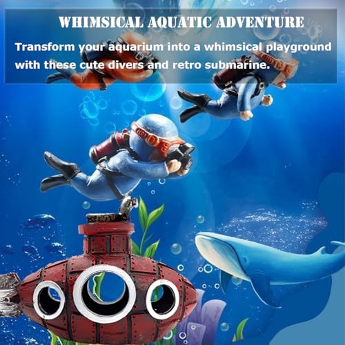 Image of 4 Pcs Fun and Vibrant Fish Tank Decorations - Cute Floating Diver and Retro Submarine Set - Perfect Aquarium Accessories for Betta Fish and Floating Aquarium Decor (Style-01)