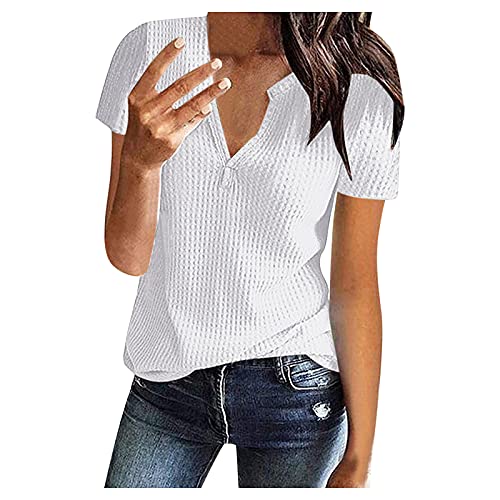 CHAOEN-Damen-Bluse-Kurzarm-Oberteile-Tshirt-V-Ausschnitte-Sommershirts-Mode-Lose-Damenblusen-Shirt-Waffel-Strick-Elegante-Hemdbluse-T-Shirt
