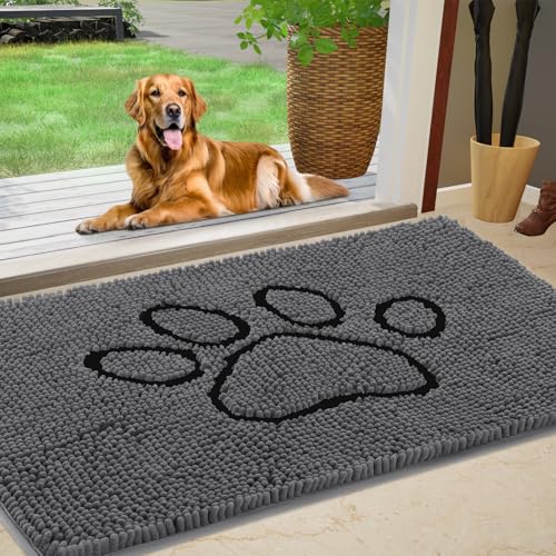 Dog Door Mat for Muddy Paws, Pet Rug Chenille Absorbent Outdoor Doormat 30"x 20", Non Slip Heavy Indoor Doormat Soft Front Inside Doormats for Entryway, Mud Paws, Patio,Dog Paw Black Grey