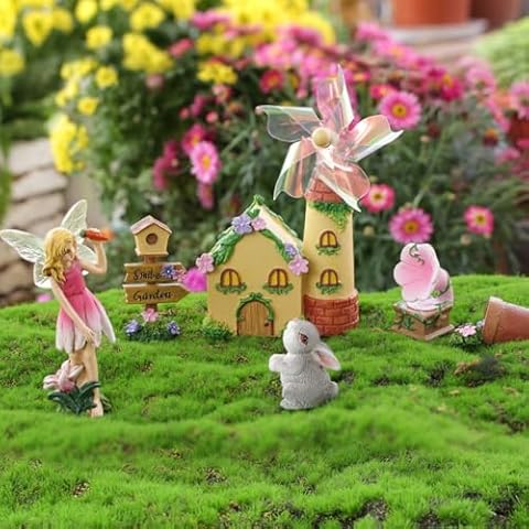 LONCESS Fairy, Bunny and House Fairy House Garden Figurines Kit, Fairy House Kit with Rotatable Windmill, Magical Fairy Garden Set, Home Decor, Car Decor, Lawn Ornaments, Outdoor Decor Cover