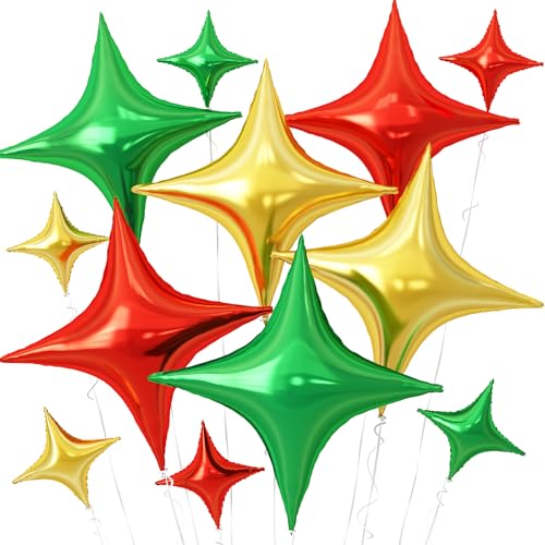 Image of Red Green Gold Star Balloons,12Pcs Four Angle Star Foil Balloons