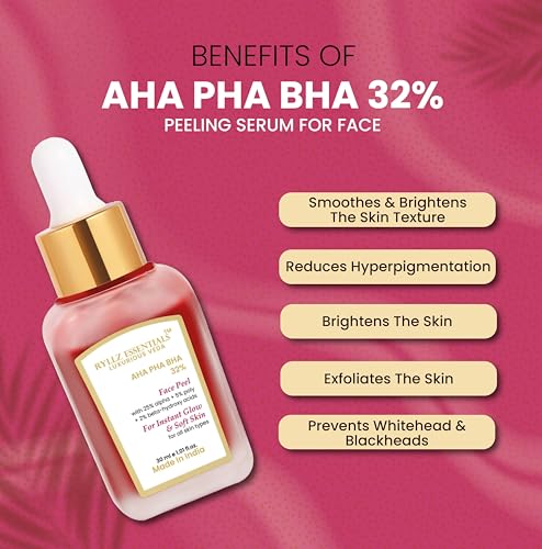 Image of RYLLZ ESSENTIALS 25% AHA + 2% BHA + 5% PHA Peeling Serum for Face | with Vitamin E, Rosehip Extract & Niacinamide | for Glowing Skin, Smooth Texture & Pore Cleansing | 10-Minute Facial | 30ml