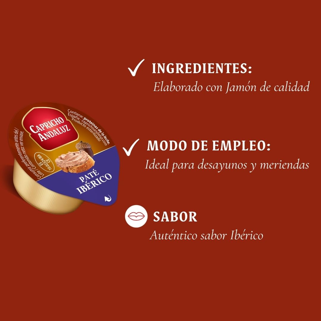 Capricho Andaluz - Caja Paté Ibérico 60 Unidades en Monodosis de 25 gr, Untable para tus Desayunos y Meriendas con un Envasado Práctico y Cómodo para Llevar