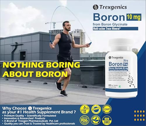 Image of Trexgenics Boron 10 mg XTRA STRENGTH from Boron Glycinate Multi-action Mineral, Bone, Cognitive Function, Reproductive & Joint Health ((60 Veg Capsules)