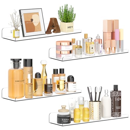 Image of Qukaka Floating Shelves for Wall Decor, 15 inch Extra Clear Wall Shelves for Bedroom, Living Room, Kitchen, Bathroom Decor, Nail Polish /Book /Decoration /Makeup /Perfume Organizer Floating Shelf-4Pack