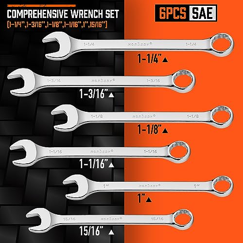 Image of HORUSDY Large Wrench Set with Rolling Pouch | SAE | 6-Piece | 15 /16″, 1″, 1-1 /16″, 1-1 /8″, 1-3 /16″, 1-1 /4″ | 12 Point | Chrome Vanadium Steel
