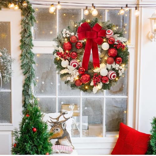 Garveehome 24 In Christmas Wreath With Lights for Front Door, Pre-Lit Christmas Wreath, Battery Operated, Lighted Xmas Door Wreath with Ball Ornaments for Christmas Door Fireplace Decor, Red and White