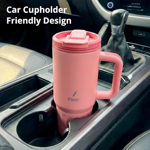 Image of FLAIR Vogue Vacuum Insulated Stainless Steel 750 ml Tumbler with Handle | 2-in-1 Lid with Flip Straw & Sip Spout -Pink | Hot & Cold Beverage Mug | Leak Resistant