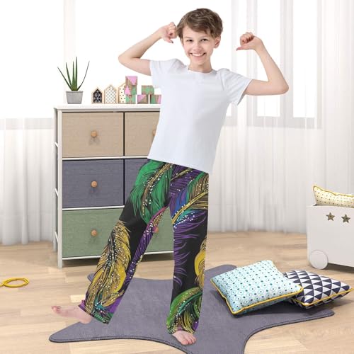 ZZXXB Mardi Gras Feathers Print Boys Long Pants Soft Trousers Elastic Waist Kids Lounge Bottoms with Pockets S-XL 5