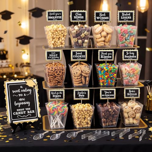 Domensi 51 Pcs Graduation Candy Bar Party Decorations 2026 Graduation Candy Buffet Signs Set Grad Party Favors with 12 Buckets 1 Big Sign 12 Labels 1 Stand 12 Sticks 6 Tongs 6 Scoops 1 Tape(Classic)